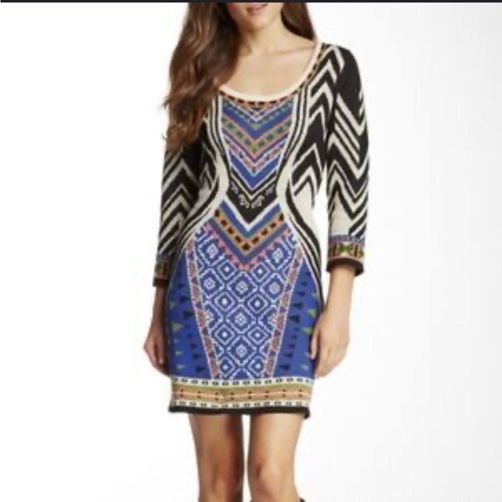 Flying Tomato Women's Three-Quarter Sleeve Geometric Printed Knit Dress Sz M
